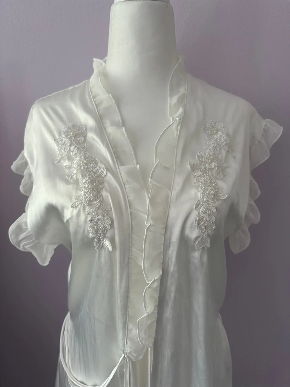 Vintage Ivory Satin Robe with Ruffle Trim